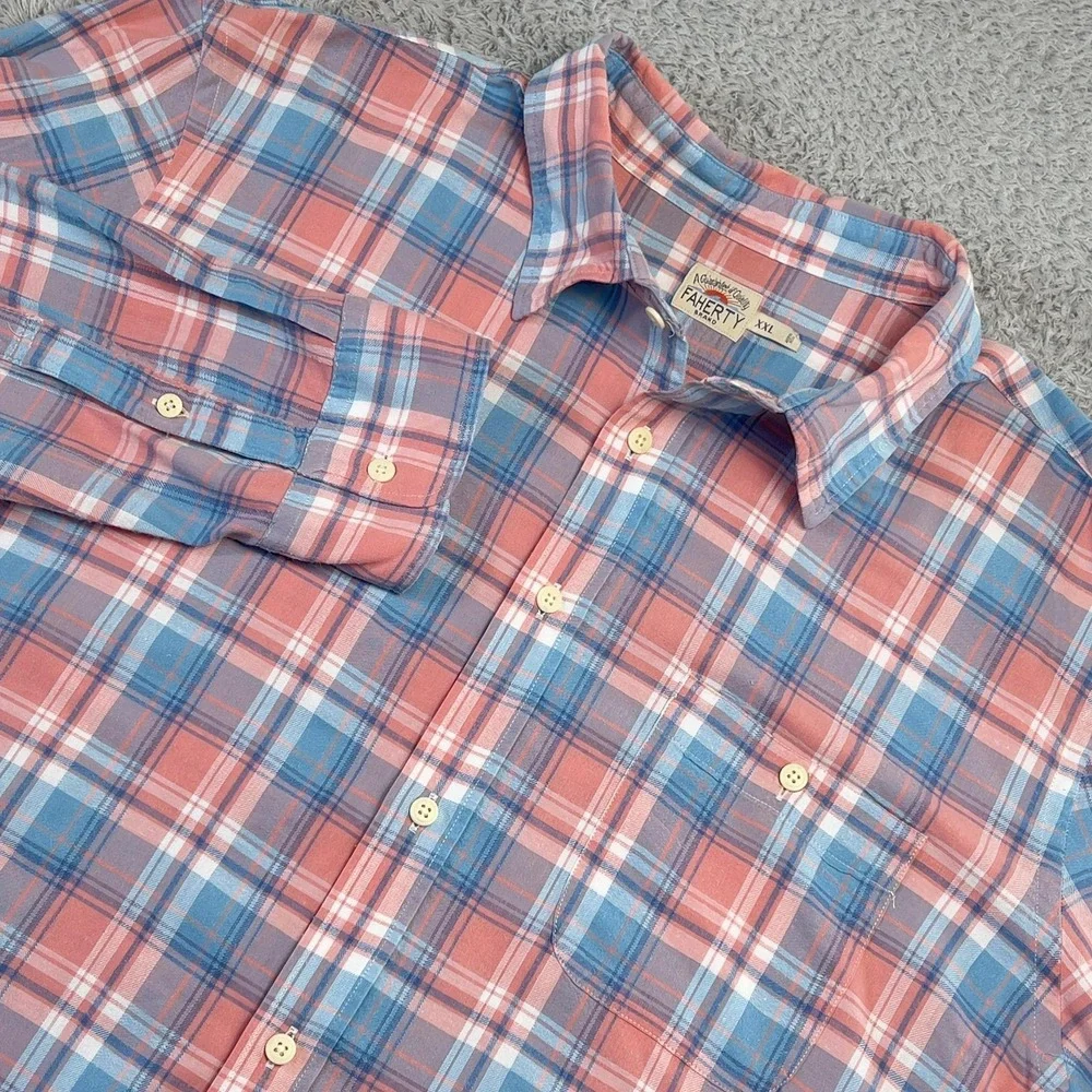 Faherty Shirt Men 2XL Pink Blue Plaid Button-Up Long Sleeve Elevated Casual Soft